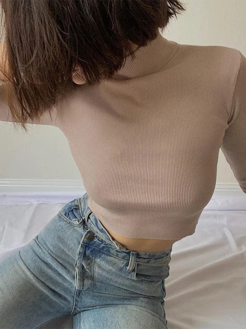 Camiseta corta de cuello alto color nude para mujer, camiseta informal de manga larga de otoño, camiseta básica ajustada para mujer