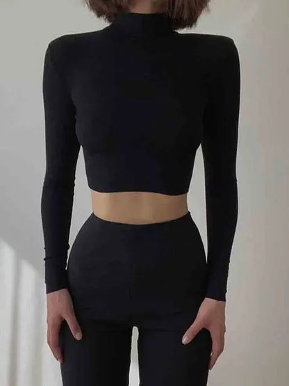 Camiseta corta de cuello alto color nude para mujer, camiseta informal de manga larga de otoño, camiseta básica ajustada para mujer