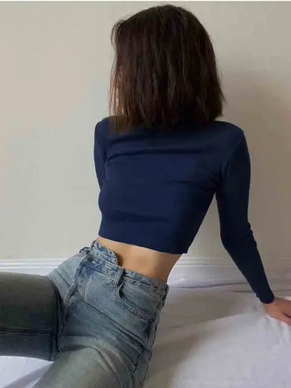 Camiseta corta de cuello alto color nude para mujer, camiseta informal de manga larga de otoño, camiseta básica ajustada para mujer