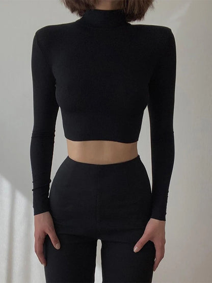 Camiseta corta de cuello alto color nude para mujer, camiseta informal de manga larga de otoño, camiseta básica ajustada para mujer