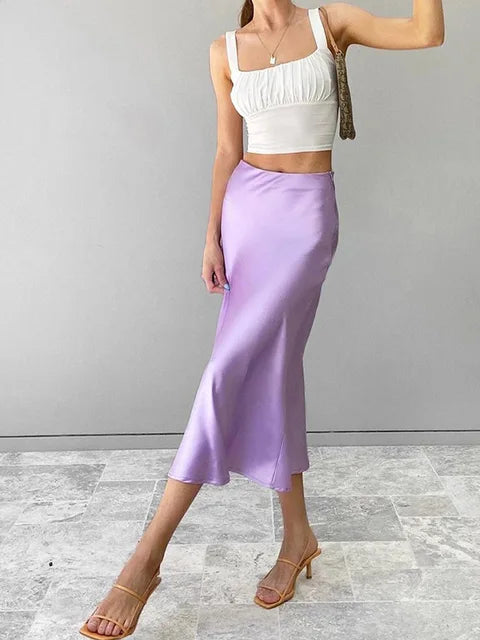 Falda de seda satinada morada lisa para mujer, falda larga de verano de cintura alta, elegante, para oficina, primavera 2025