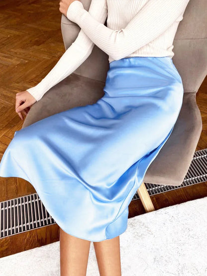 Falda de seda satinada morada lisa para mujer, falda larga de verano de cintura alta, elegante, para oficina, primavera 2025