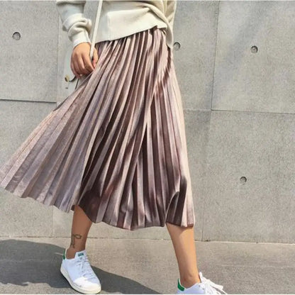Falda plisada larga plateada metalizada para mujer, falda midi de cintura alta, elástica, informal, para fiesta, primavera de 2025