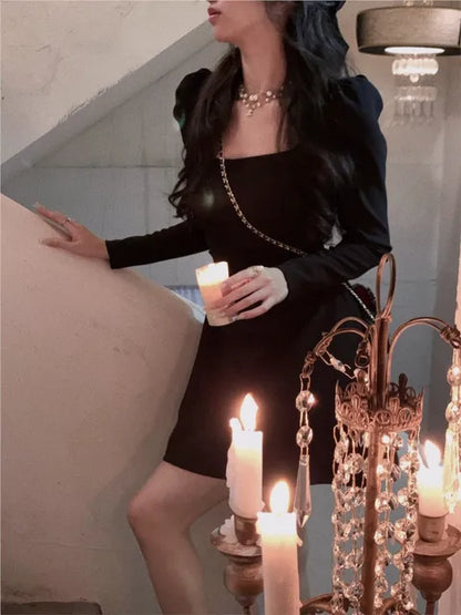 Vestidos de fiesta elegantes de primavera con cuello cuadrado y manga larga para mujer, ajustados, negros y blancos, de cintura alta