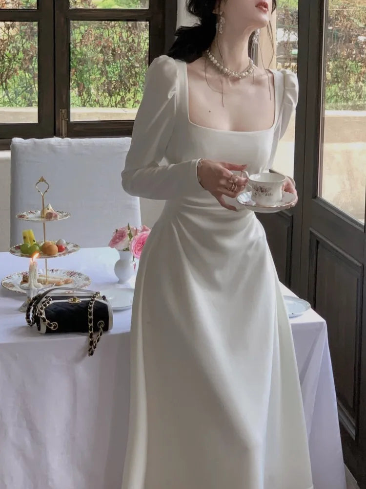 Vestidos de fiesta elegantes de primavera con cuello cuadrado y manga larga para mujer, ajustados, negros y blancos, de cintura alta