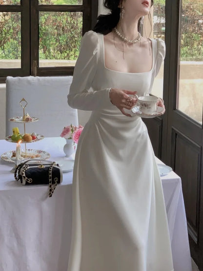 Vestidos de fiesta elegantes de primavera con cuello cuadrado y manga larga para mujer, ajustados, negros y blancos, de cintura alta