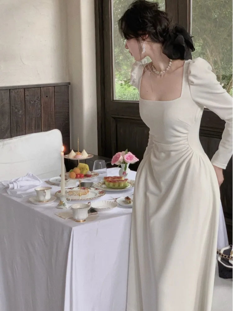 Vestidos de fiesta elegantes de primavera con cuello cuadrado y manga larga para mujer, ajustados, negros y blancos, de cintura alta