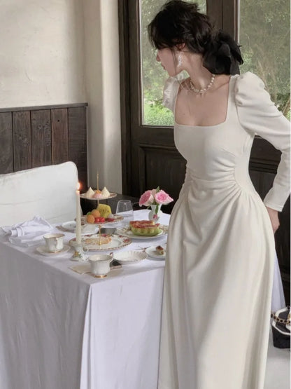 Vestidos de fiesta elegantes de primavera con cuello cuadrado y manga larga para mujer, ajustados, negros y blancos, de cintura alta