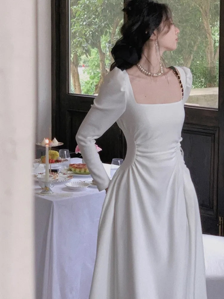 Vestidos de fiesta elegantes de primavera con cuello cuadrado y manga larga para mujer, ajustados, negros y blancos, de cintura alta