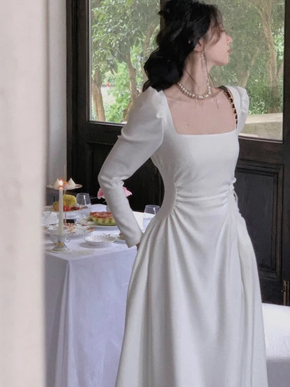 Vestidos de fiesta elegantes de primavera con cuello cuadrado y manga larga para mujer, ajustados, negros y blancos, de cintura alta