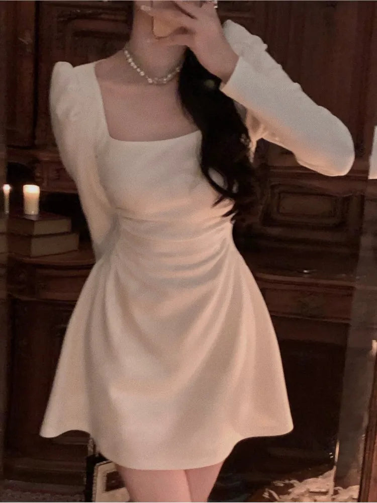 Vestidos de fiesta elegantes de primavera con cuello cuadrado y manga larga para mujer, ajustados, negros y blancos, de cintura alta