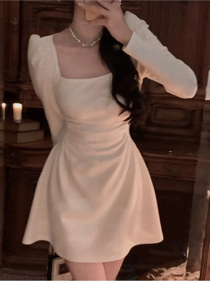 Vestidos de fiesta elegantes de primavera con cuello cuadrado y manga larga para mujer, ajustados, negros y blancos, de cintura alta