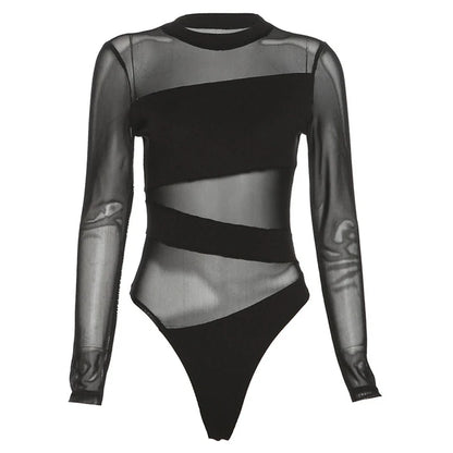 Mono de malla hueca con corte cruzado, manga larga, cuello redondo, fino, diagonal, negro, encantador, para club, primavera y verano, nueva moda