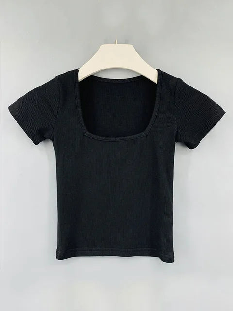 Camiseta corta ajustada con cuello cuadrado para mujer, camisetas de algodón de manga corta, ropa para mujer, camiseta de verano 2025, camisetas de mujer