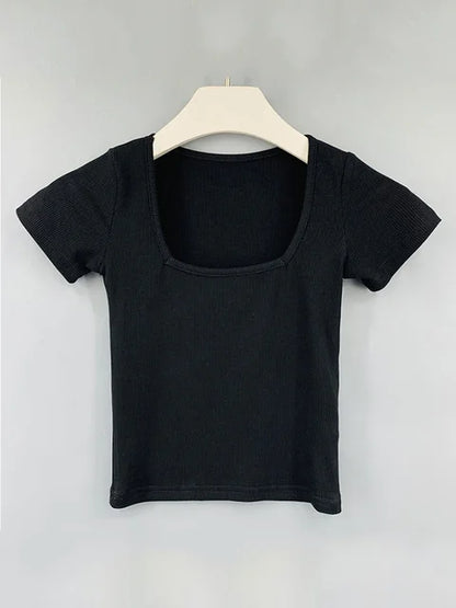 Camiseta corta ajustada con cuello cuadrado para mujer, camisetas de algodón de manga corta, ropa para mujer, camiseta de verano 2025, camisetas de mujer