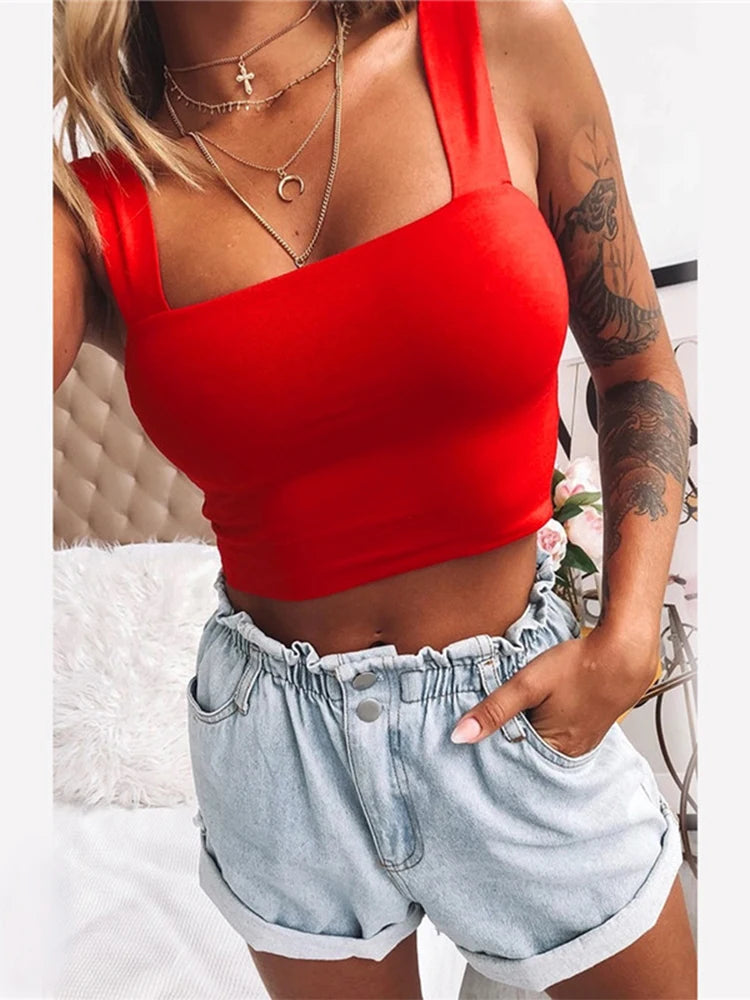 Top corto de verano sin mangas con cuello cuadrado para mujer, camiseta básica informal blanca y negra con hombros descubiertos, camiseta sexy sin espalda