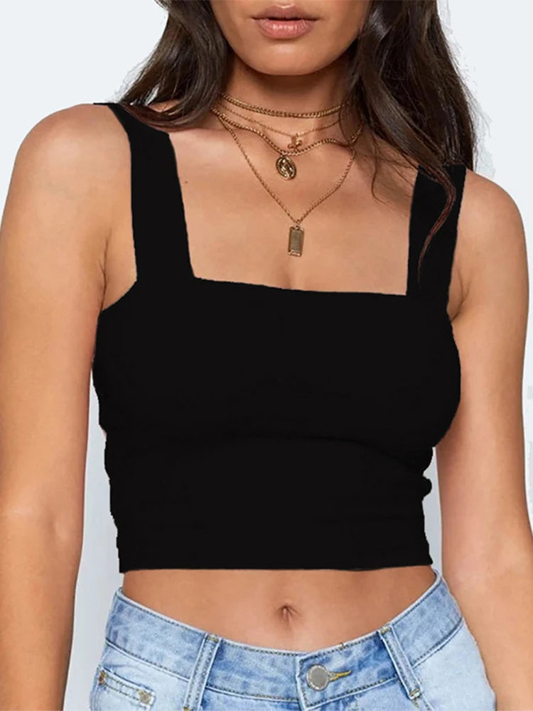 Top corto de verano sin mangas con cuello cuadrado para mujer, camiseta básica informal blanca y negra con hombros descubiertos, camiseta sexy sin espalda