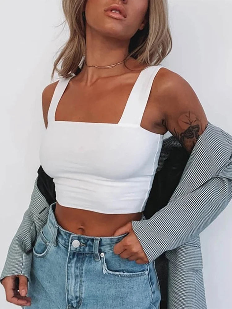Top corto de verano sin mangas con cuello cuadrado para mujer, camiseta básica informal blanca y negra con hombros descubiertos, camiseta sexy sin espalda