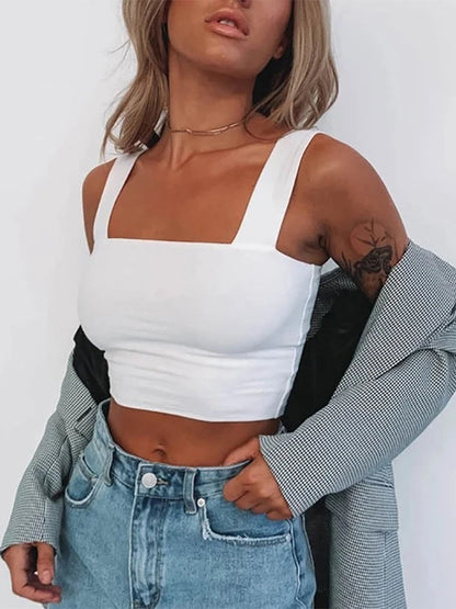 Top corto de verano sin mangas con cuello cuadrado para mujer, camiseta básica informal blanca y negra con hombros descubiertos, camiseta sexy sin espalda