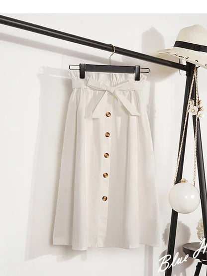 Faldas de verano y otoño para mujer, faldas plisadas hasta la rodilla, estilo coreano, elegantes, de cintura alta y botones, para la escuela, 2025