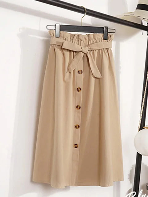 Faldas de verano y otoño para mujer, faldas plisadas hasta la rodilla, estilo coreano, elegantes, de cintura alta y botones, para la escuela, 2025