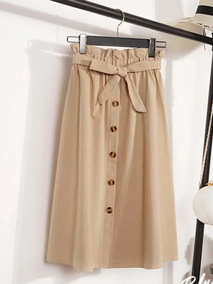 Faldas de verano y otoño para mujer, faldas plisadas hasta la rodilla, estilo coreano, elegantes, de cintura alta y botones, para la escuela, 2025
