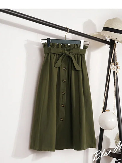Faldas de verano y otoño para mujer, faldas plisadas hasta la rodilla, estilo coreano, elegantes, de cintura alta y botones, para la escuela, 2025