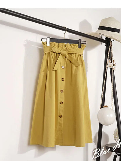 Faldas de verano y otoño para mujer, faldas plisadas hasta la rodilla, estilo coreano, elegantes, de cintura alta y botones, para la escuela, 2025