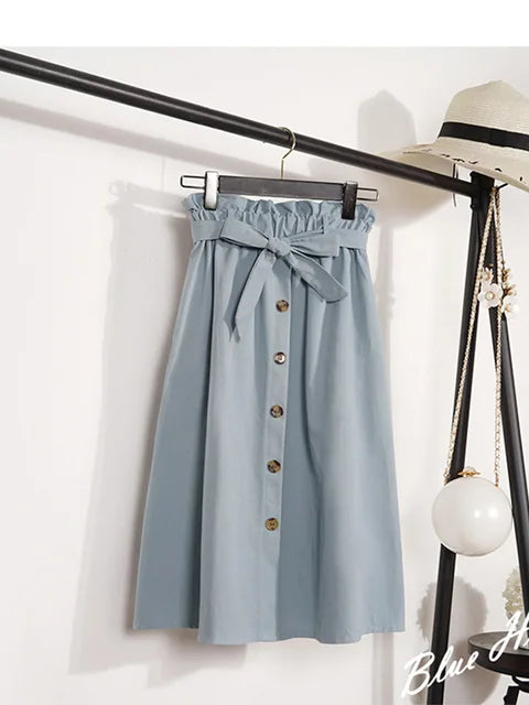 Faldas de verano y otoño para mujer, faldas plisadas hasta la rodilla, estilo coreano, elegantes, de cintura alta y botones, para la escuela, 2025