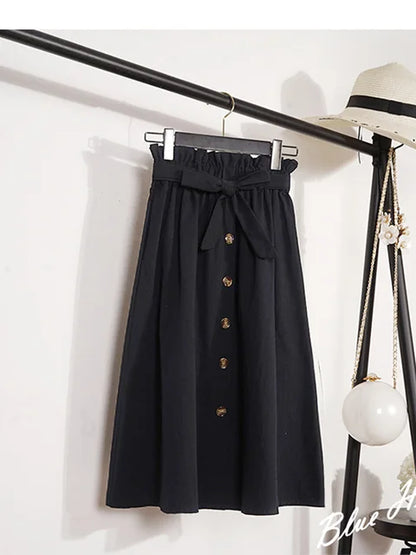 Faldas de verano y otoño para mujer, faldas plisadas hasta la rodilla, estilo coreano, elegantes, de cintura alta y botones, para la escuela, 2025