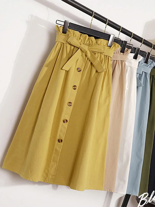 Summer Autumn Skirts Womens 2025 Midi Knee Length Korean Elegant Button High Waist Skirt Female Pleated School Skirt