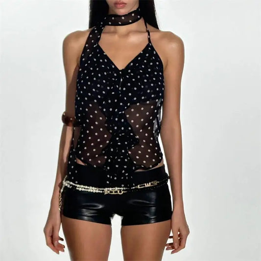 Camisola de verano ajustada, chaleco sexy para mujer, sin mangas, perspectiva, cuello en V, cinta, top corto de lunares negros lisos para mujer, Y2k