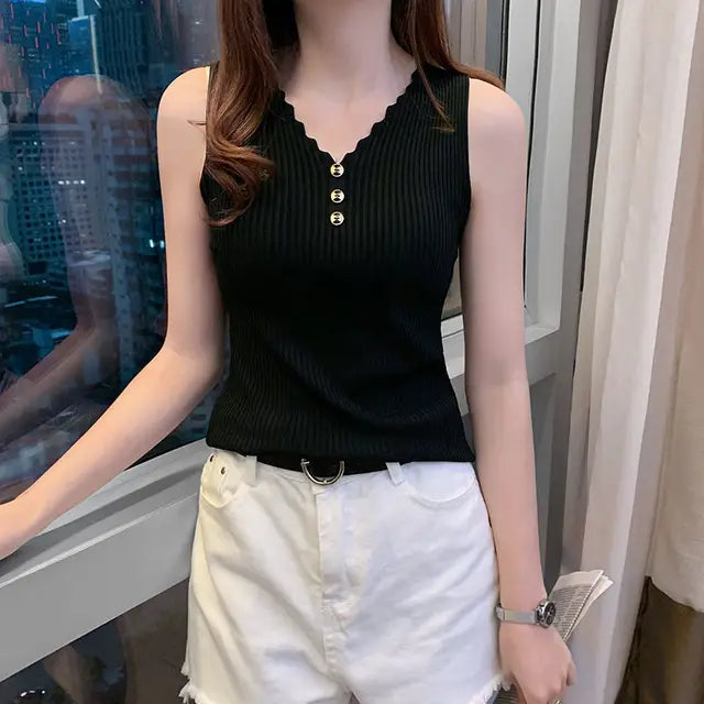 Camisola de verano para mujer, camiseta sin mangas sexy ajustada de estilo coreano, chaleco informal con cuello en V, camisetas de punto a la moda sin mangas para mujer