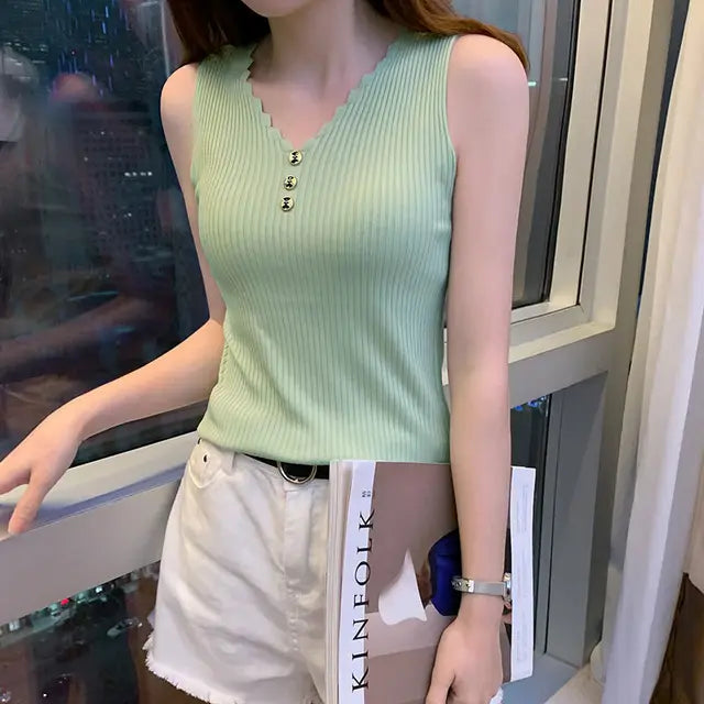 Camisola de verano para mujer, camiseta sin mangas sexy ajustada de estilo coreano, chaleco informal con cuello en V, camisetas de punto a la moda sin mangas para mujer