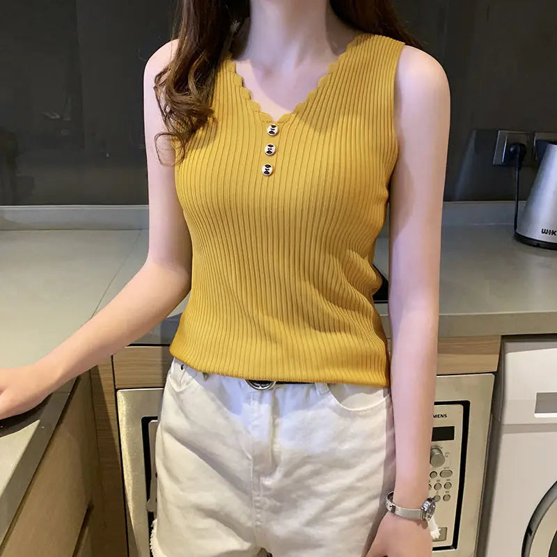 Camisola de verano para mujer, camiseta sin mangas sexy ajustada de estilo coreano, chaleco informal con cuello en V, camisetas de punto a la moda sin mangas para mujer