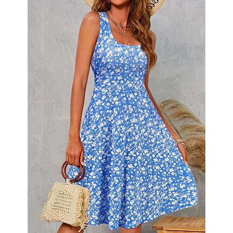 Vestido midi floral sexy sin mangas, informal, de verano, elegante, largo hasta la rodilla, para mujer y niña, moda para mujer
