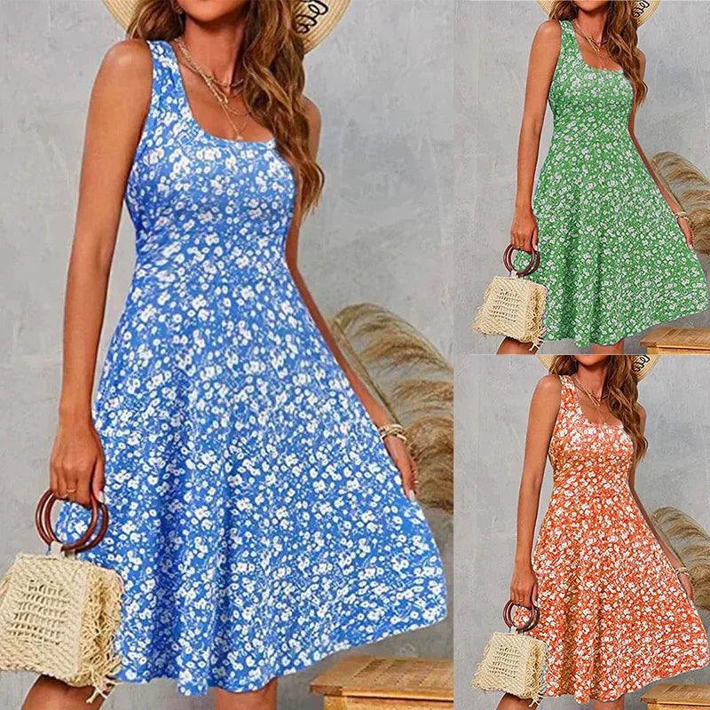 Vestido midi floral sexy sin mangas, informal, de verano, elegante, largo hasta la rodilla, para mujer y niña, moda para mujer