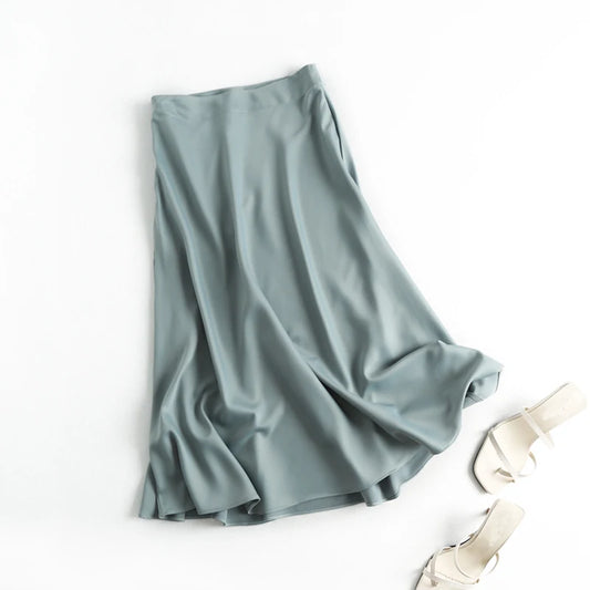 Summer Faldas Mujer Moda 2025 Midi Skirts Womens England Office Lady Satin High Waist Simple Elegant Long Skirt Women