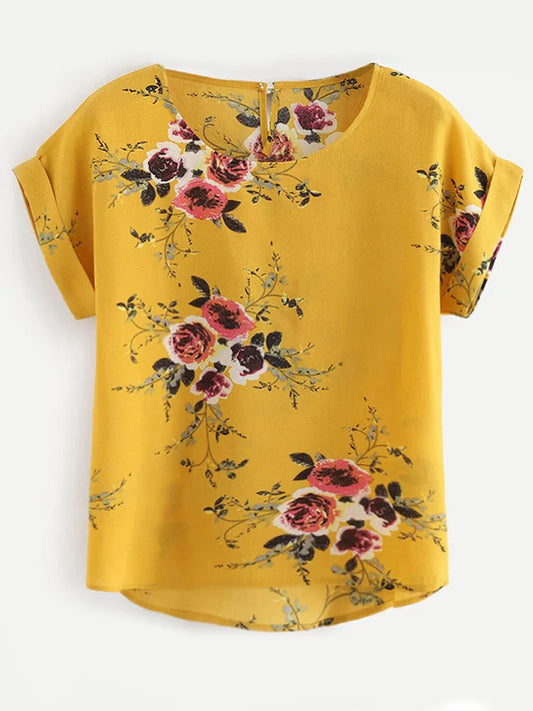 Blusa con estampado floral de verano para mujer, camiseta de cuello redondo, camisa de manga corta para mujer, blusas femeninas, ropa