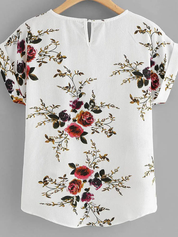 Blusa con estampado floral de verano para mujer, camiseta de cuello redondo, camisa de manga corta para mujer, blusas femeninas, ropa