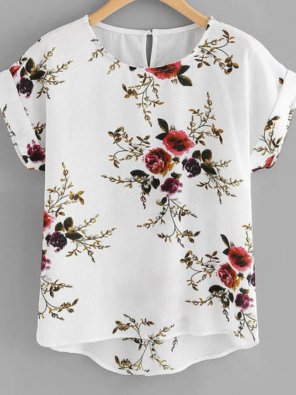 Blusa con estampado floral de verano para mujer, camiseta de cuello redondo, camisa de manga corta para mujer, blusas femeninas, ropa
