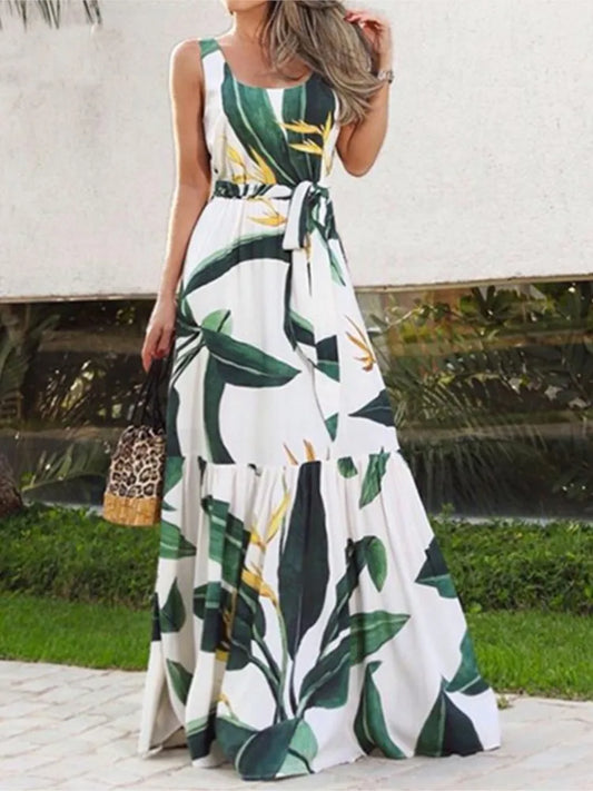 Vestidos largos sin mangas con estampado de flores de verano para mujer, elegantes vestidos casuales de estilo vacacional, cuello redondo, cintura alta, con abertura en el pecho y abertura en el pecho.