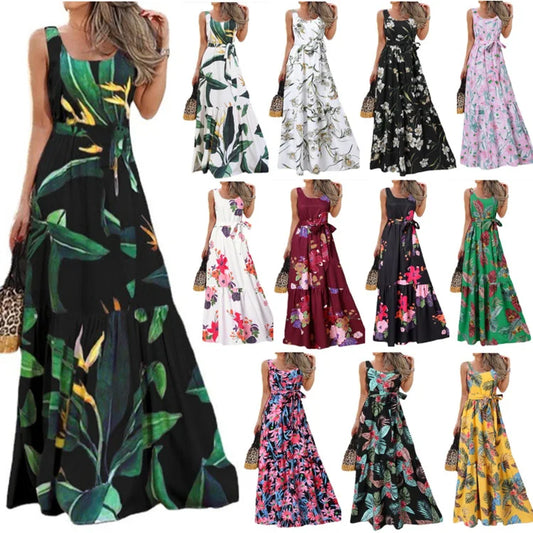 Vestidos largos sin mangas con estampado de flores de verano para mujer, elegantes vestidos casuales de estilo vacacional, cuello redondo, cintura alta, con abertura en el pecho y abertura en el pecho.