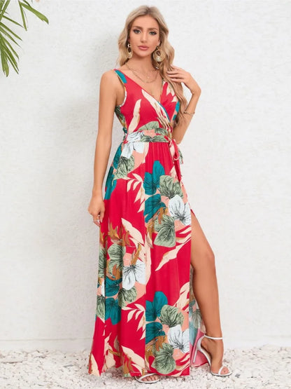 Vestidos largos sin mangas con estampado de flores de verano para mujer, vestido sexy con escote en V y abertura en el escote, vestido femenino de moda para ir al trabajo o vacaciones.