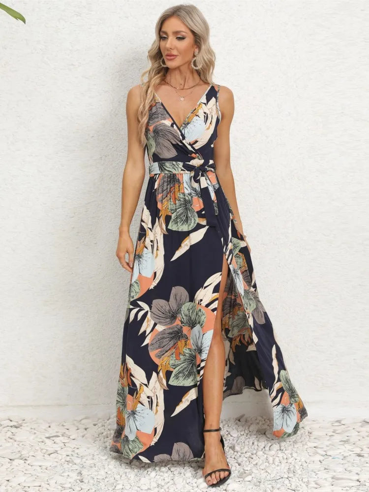 Vestidos largos sin mangas con estampado de flores de verano para mujer, vestido sexy con escote en V y abertura en el escote, vestido femenino de moda para ir al trabajo o vacaciones.