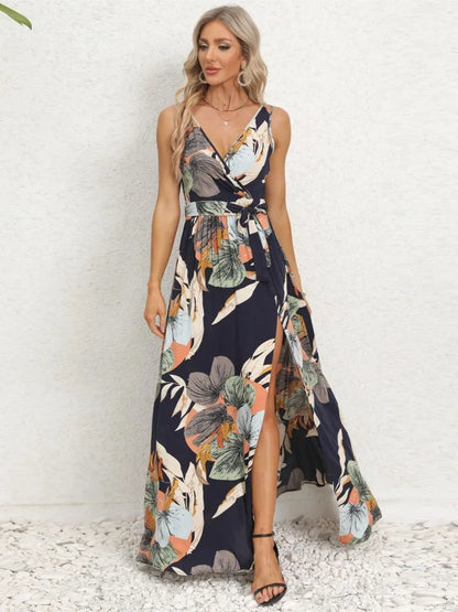 Vestidos largos sin mangas con estampado de flores de verano para mujer, vestido sexy con escote en V y abertura en el escote, vestido femenino de moda para ir al trabajo o vacaciones.