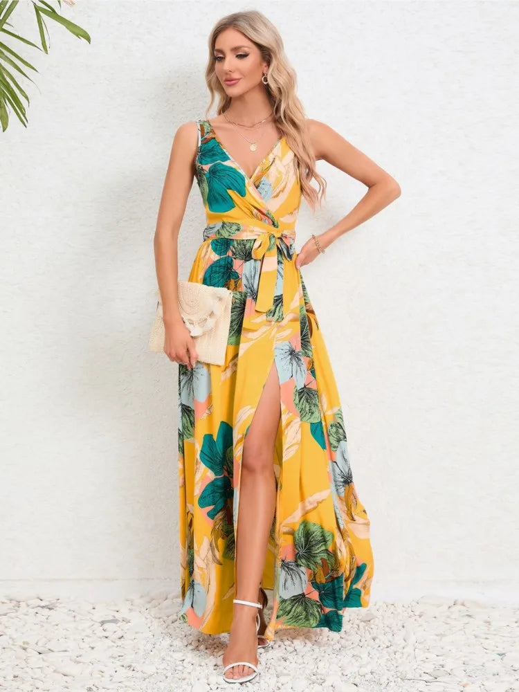 Vestidos largos sin mangas con estampado de flores de verano para mujer, vestido sexy con escote en V y abertura en el escote, vestido femenino de moda para ir al trabajo o vacaciones.