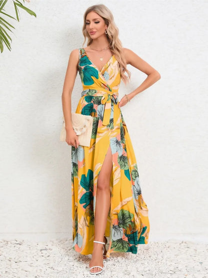Vestidos largos sin mangas con estampado de flores de verano para mujer, vestido sexy con escote en V y abertura en el escote, vestido femenino de moda para ir al trabajo o vacaciones.