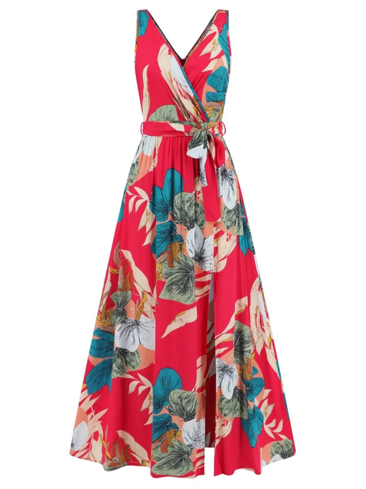 Vestidos largos sin mangas con estampado de flores de verano para mujer, vestido sexy con escote en V y abertura en el escote, vestido femenino de moda para ir al trabajo o vacaciones.