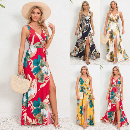 Vestidos largos sin mangas con estampado de flores de verano para mujer, vestido sexy con escote en V y abertura en el escote, vestido femenino de moda para ir al trabajo o vacaciones.
